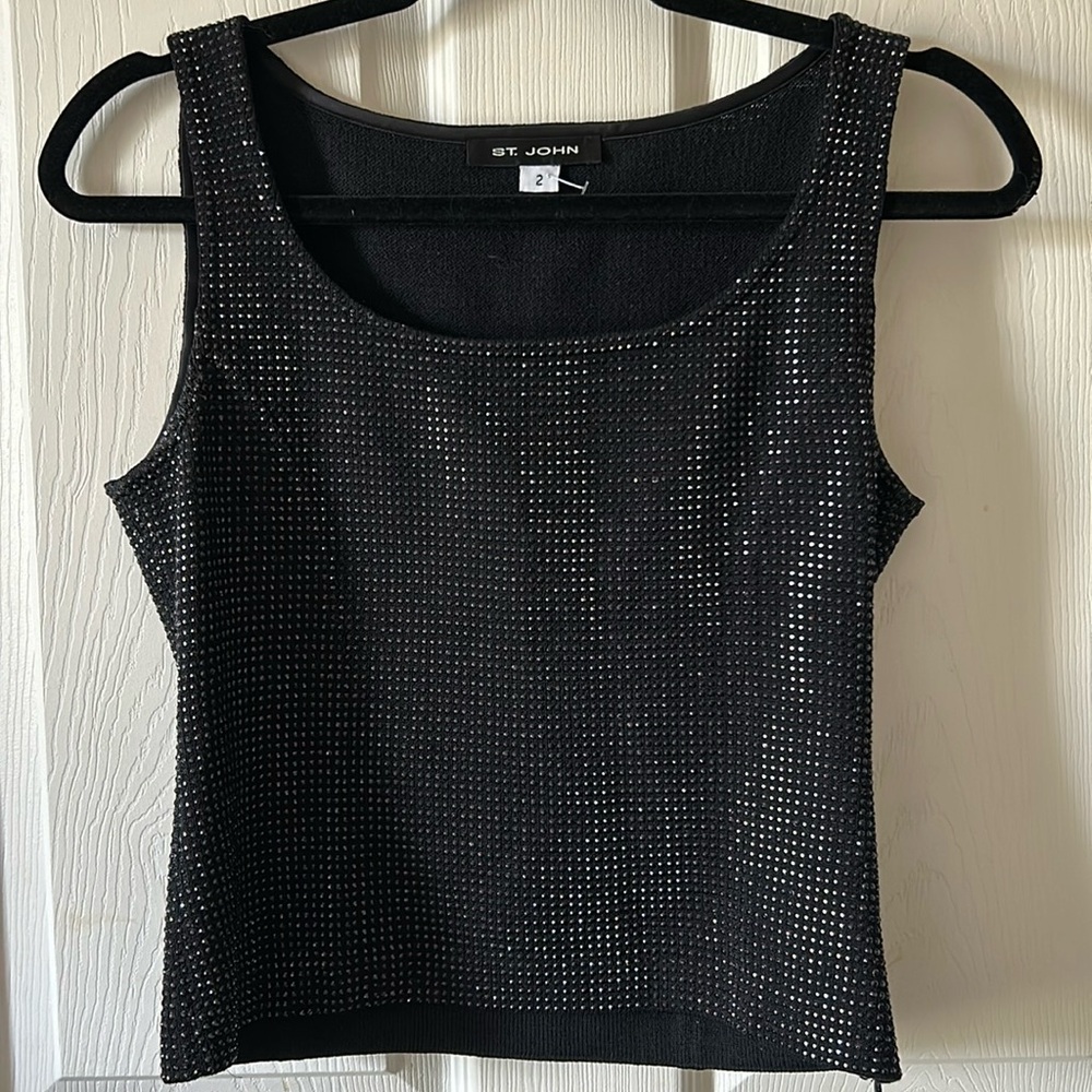 St. John Vintage‎ 2002 Women’s Knit Metallic Beaded Crop Black Tank Top Sz 2 USA